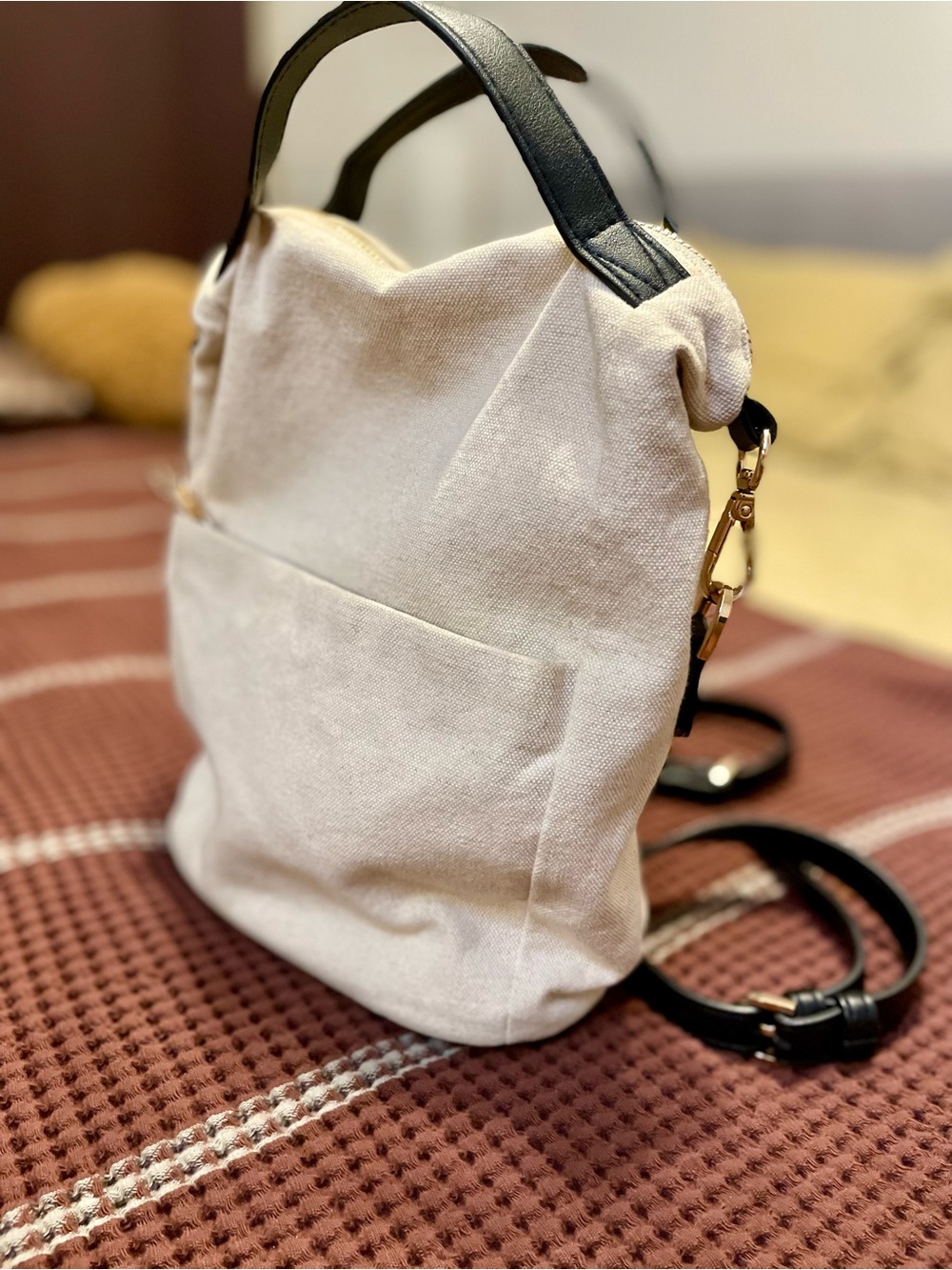 Neutral Canvas Tote with Black Leather Handles Mini backpack